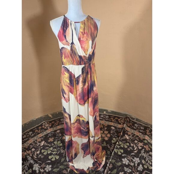 London Times Dresses & Skirts - London Times Cream & Burgundy Abstract Floral Maxi Dress – Keyhole Neck | Surpli